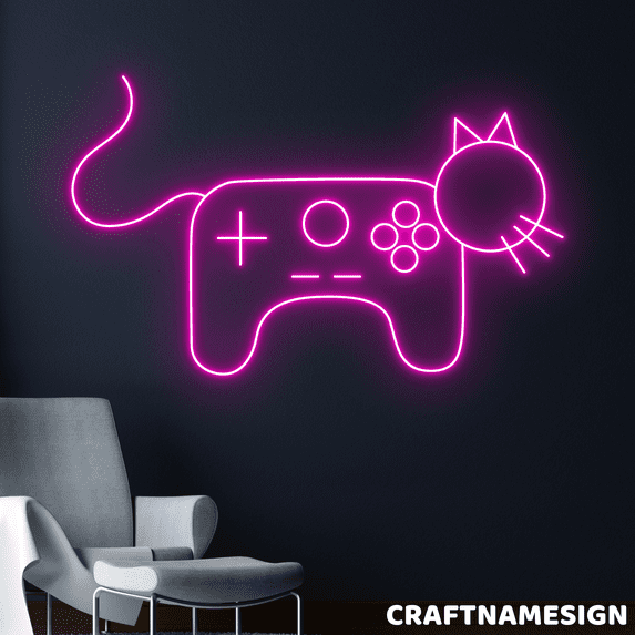 Craftnamesign Gamer Cat Neon Sign, Arcade Wall Decor, Gaming Room Wall Art