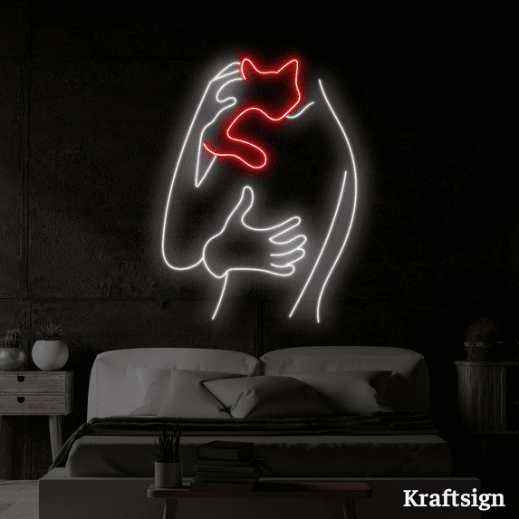 Craftnamesign Girl Hug Cat Neon LED Sign, Cat Lover Gifts, Bedroom Decor
