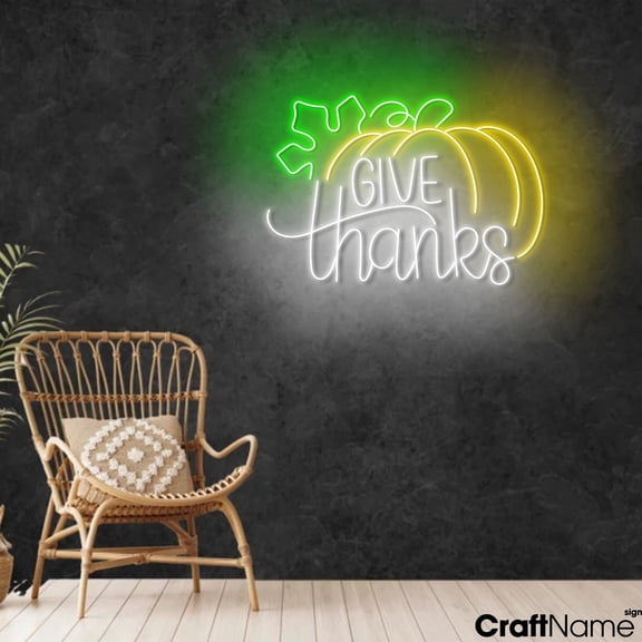 Craftnamesign Give Thanks Pumpkin Neon Sign, Holiday LED Light For Store Home Wall Decor