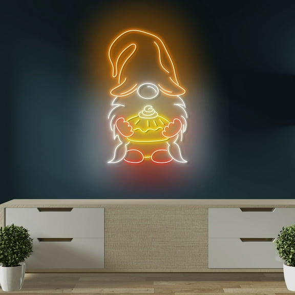 Craftnamesign Gnome With Pumpkin Pie Neon Light Sign, Thanksgiving Led Sign, Store Wall Art