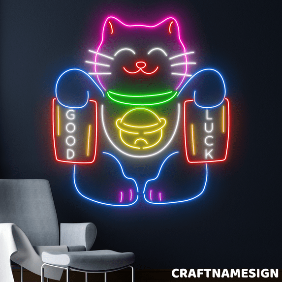 Craftnamesign Good Luck Cat Neon Sign, Cat Lucky Wall Decor, Store Shop Wall Art