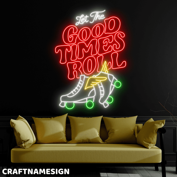 Craftnamesign Good Time Roll Led Sign, Roller Skate Shoes Sign, Roller Skate Club Decor