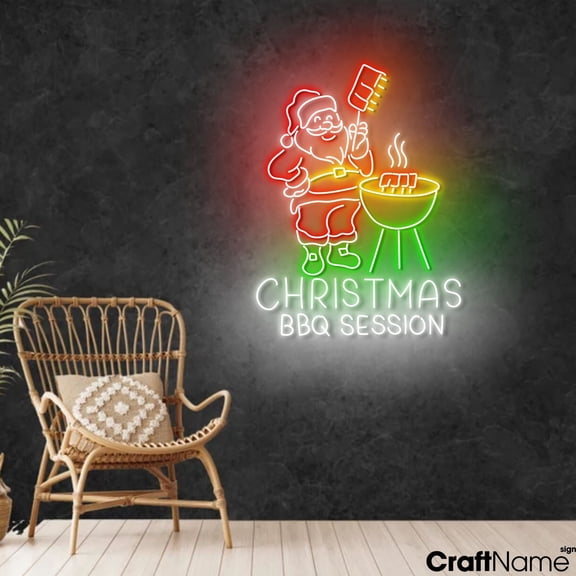 Craftnamesign Grilling Santa Neon Light, BBQ Restaurant LED Sign, Christmas Wall Decor