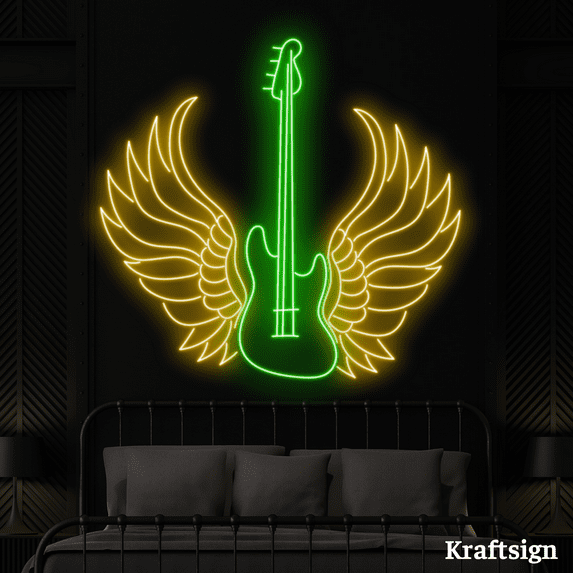 Craftnamesign Guitar Electric Wings LED Neon Sign, Guitar Shop Club Decor