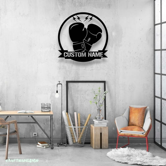 Craftnamesign Custom Boxing Gloves Metal Wall Art LED Light, King Boxer Belt Name Sign, Boxing Sign