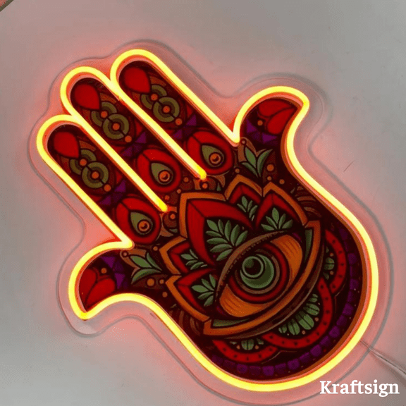 Craftnamesign Hamsa Hand Neon Acrylic Print Sign, Hamsa Hand Led Signs, Hamsa Hand Decor