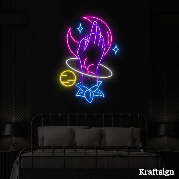 Craftnamesign Hand Moon Space Neon Sign, Bedroom Decor, Abstract Art Sign