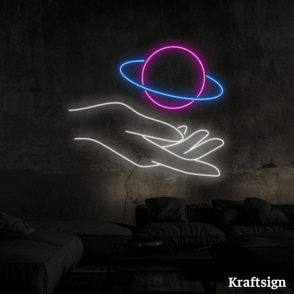 Craftnamesign Hand Planet Neon Sign, Spaceman Decor, Planet Lover Gifts
