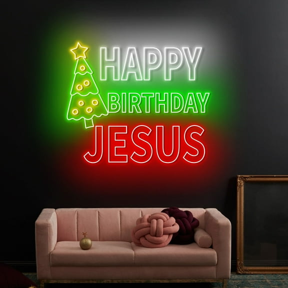 Craftnamesign Happy Birthday Jesus Neon Sign, Jesus Birthday Christmas LED Light Wall Decor