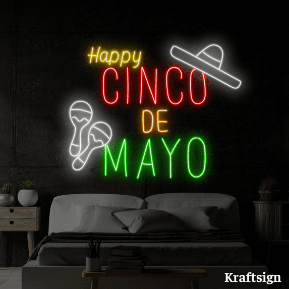 Craftnamesign Happy Cinco De Mayo Neon Sign, Mexican Gifts, Restaurant Decor