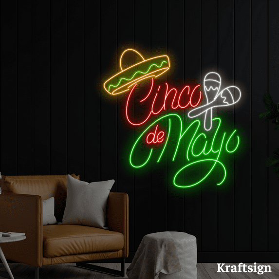 Craftnamesign Happy Cinco De Mayo Neon Sign, Mexico Shop Decor LED Signs