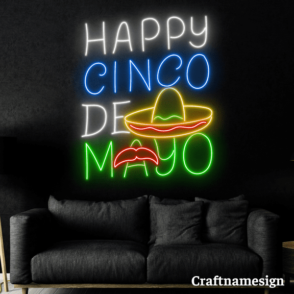 Craftnamesign Happy Cinco De Mayo Neon Sign for Mexican Shop Bar Restaurant Wall Art