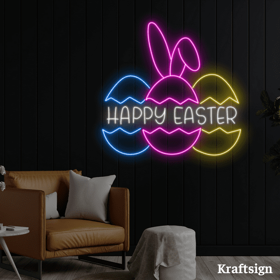Craftnamesign Happy Easter Neon Sign, Rabbit Egg LED Sign, Easter Day Decor
