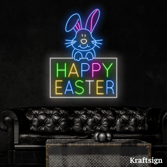 Craftnamesign Happy Easter neon Sign, Easter Day Decor, Rabbit LED Signs