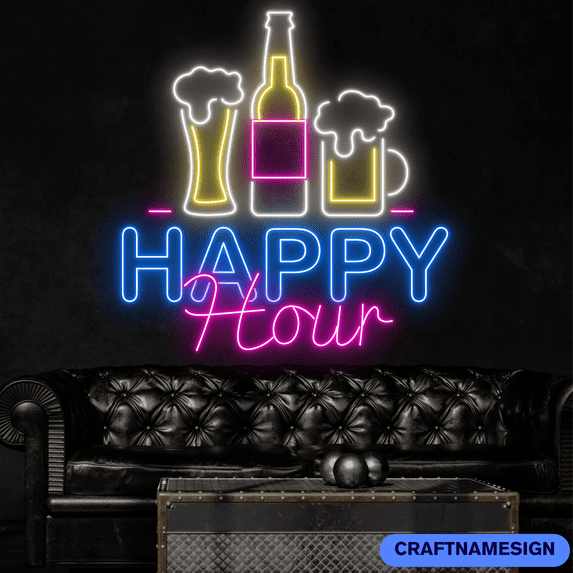 Craftnamesign Happy Hour Neon Sign, Bar Pub Wall Decor, Wine Bar Sign