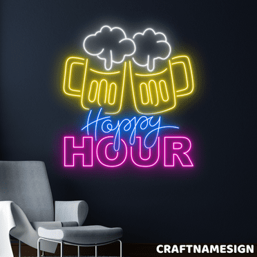 Craftnamesign Happy Hour Neon Sign, Beer Bar Wall Art, Party Wall Decor
