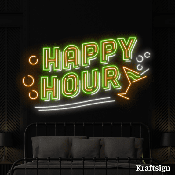 Craftnamesign Happy Hour Neon sign, Cocktail Bar LED Sign, Bar Club Decor