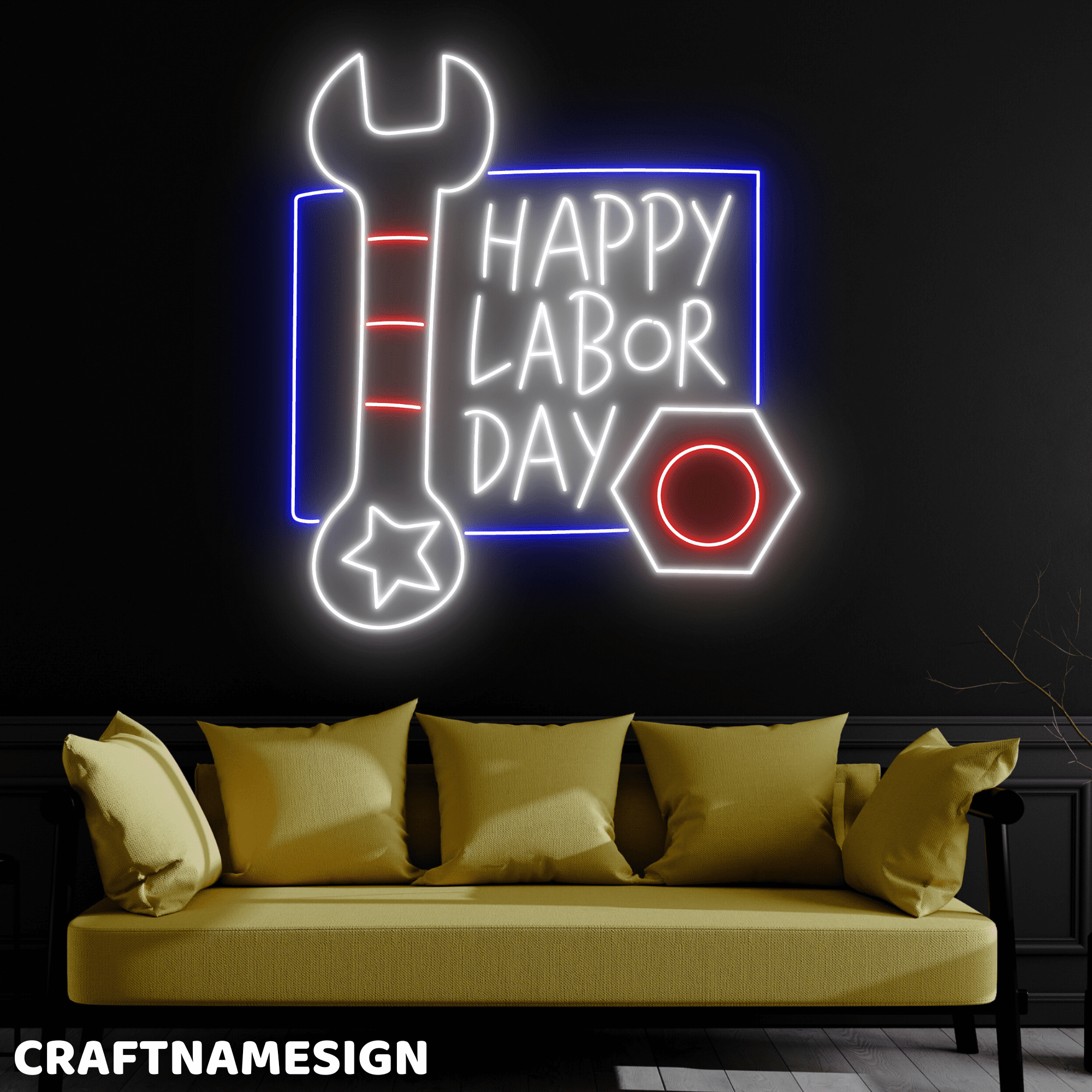 Craftnamesign Happy Labor Day Neon Sign, Auto Repair Wall Art, Labor