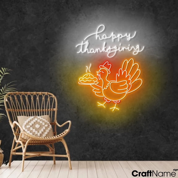 Craftnamesign Happy Thanksgiving Neon Light, Turkey LED Sign, Restaurant Wall Decor