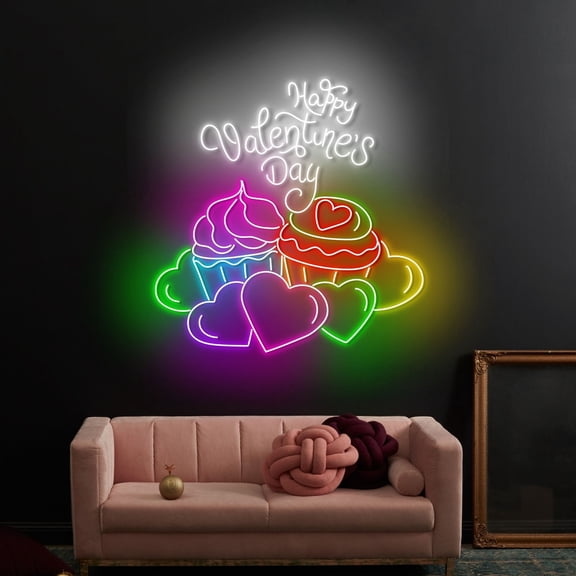 Craftnamesign Happy Valentine's Day Cupcake Neon Sign, Cupcake Led Light, Valentine's Day Wall Art