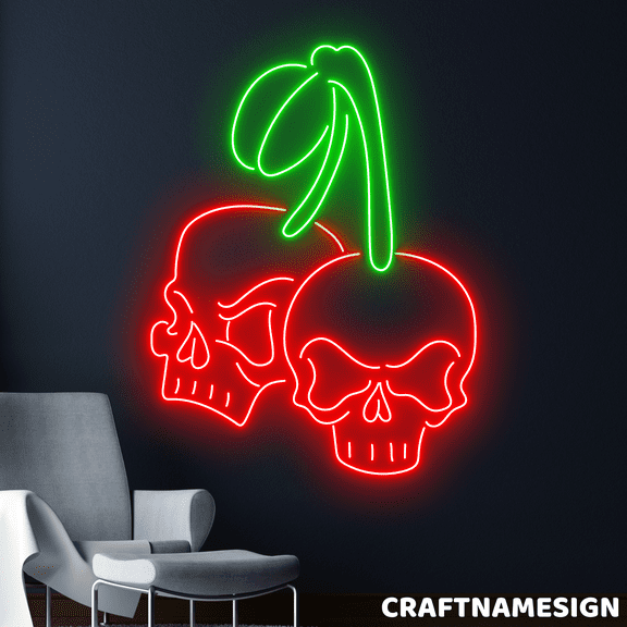 Craftnamesign Head Skull Neon Sign, Cherry Wall Art, Bar Pub Led Light Wall Decor