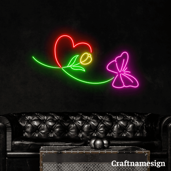 Craftnamesign Heart Flower Butterfly Neon Sign for Bedroom Living Room Wall Art