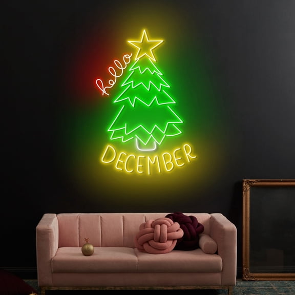 Craftnamesign Hello December Neon Light, Christmas Tree LED Sign Decor, Winter Season Wall Art