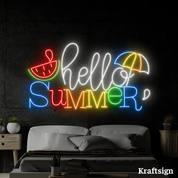 Craftnamesign Hello Summer Neon Sign, Summer Vibes Decor, Beach LED Sign