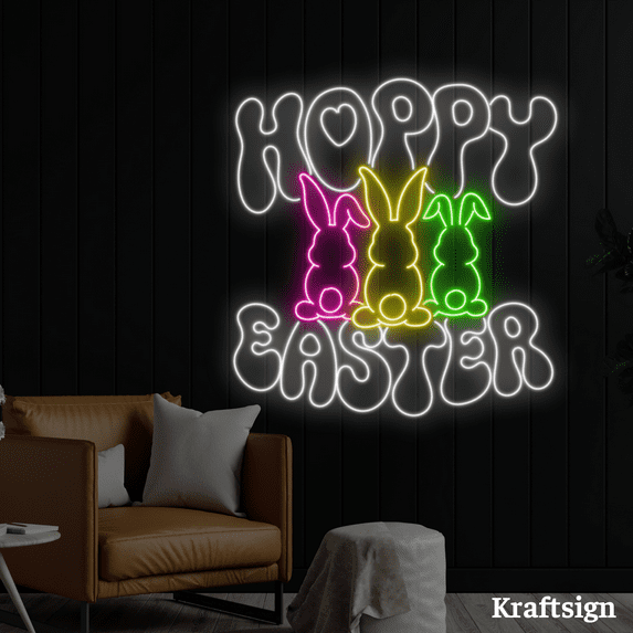 Craftnamesign Hoppy Easter Neon Sign, Easter Day Decor, Rabbit LED Sign, Rabbit Easter Decor