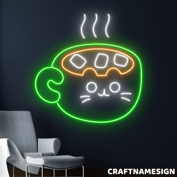 Craftnamesign Hot Cacao Cat Neon Sign, Coffee Shop Wall Art, Cute Cat Wall Decor