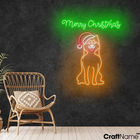 Craftnamesign Husky Dog Xmas Neon Light, Merry Christmas LED Sign Decor