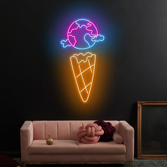 Craftnamesign Ice Cream Earth Neon Light, Ice Cream Planet Led Sign, Ice Cream Shop Wall Art