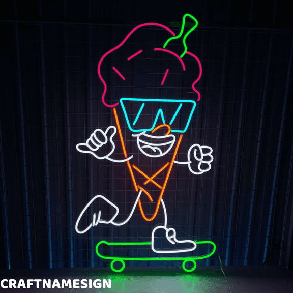 Craftnamesign Ice Cream Skateboard Neon Sign, Ice Cream Wall Art, Nursery Wall Decor