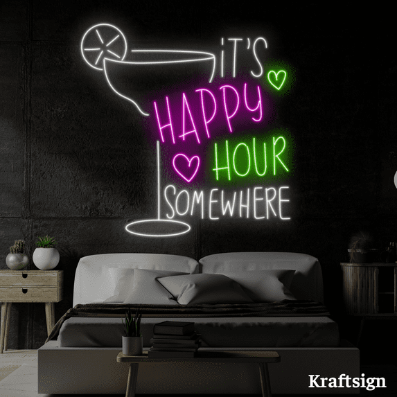 Craftnamesign It's Happy Hour Somewhere Neon Sign, Home Bar Club Decor