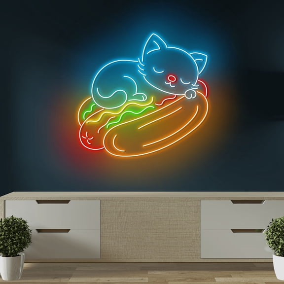 Craftnamesign Kitty Hot Dog Neon Light, Hot Dog Store Decor, Restaurant Wall Art