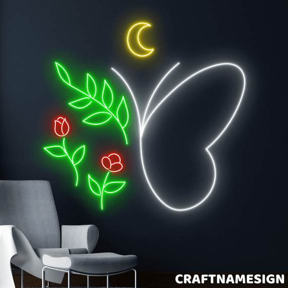Craftnamesign Leaf With Butterfly Neon Sign, Butterfly Wall Decor, Bedroom Wall Art