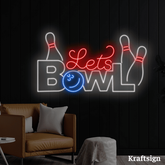 Craftnamesign Let's Bowl Neon Sign, Bowling Club LED Sign, Game Room Decor