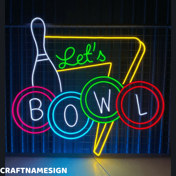 Craftnamesign Let's Bowl Neon Sign, Bowling Wall Art, Sport Room Wall Decor