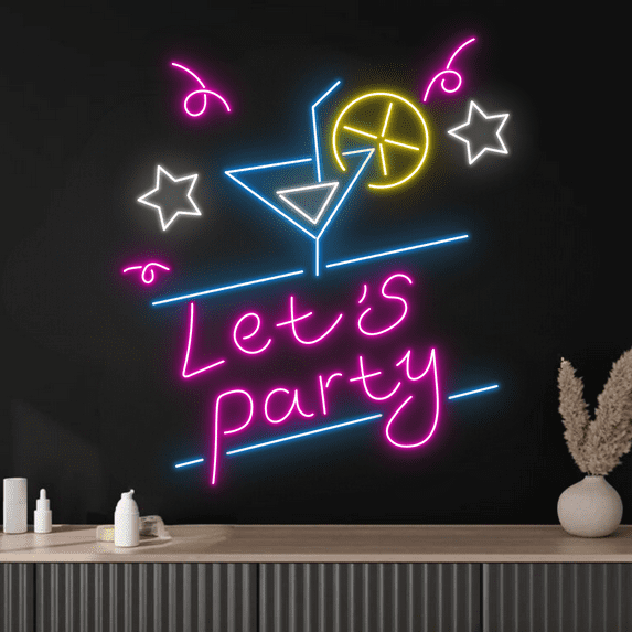 Craftnamesign Let's Party Cocktail Neon Sign, Bar Pub LED Sign, Party Decor