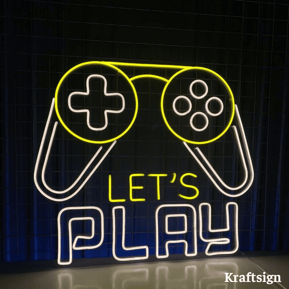 Craftnamesign Let's Play Neon Sign,Game Controller LED Sign, Men Cave Decor