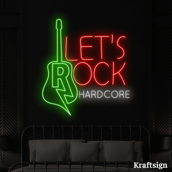 Craftnamesign Let's Rock Neon Sign, Guitar Shop LED Signs, Men Cave Decor