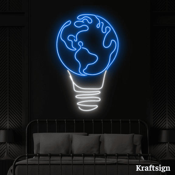 Craftnamesign Light Bulb Earth Neon Sign, Bedroom Decor, Earth LED Signs