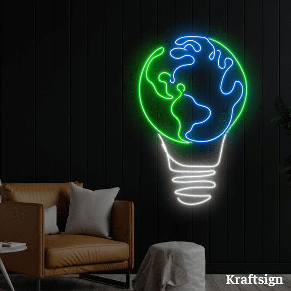 Craftnamesign Light Bulb Earth Neon Sign, Earth LED Sign, Bedroom Decor