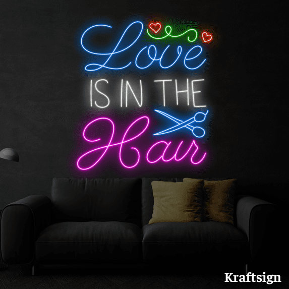 Craftnamesign Love Is In The Hair Neon Sign, Haircut Salon Beauty Decor