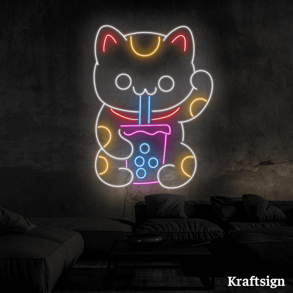 Craftnamesign Lucky Cat Boba Tea Neon Sign, Bubble Tea Shop LED Signage