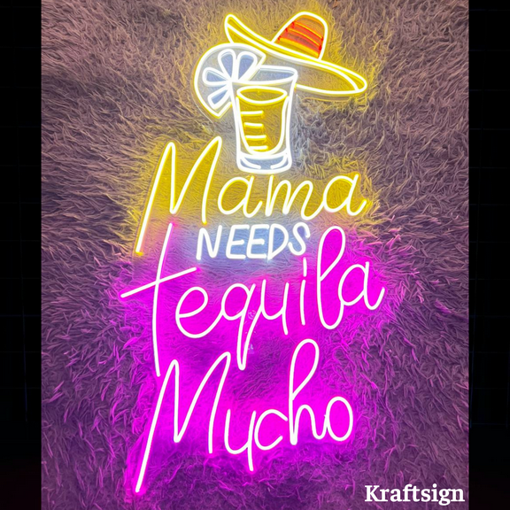 Craftnamesign Mama Need Tequila Mucho Neon Sign, Cocktail Bar LED Sign