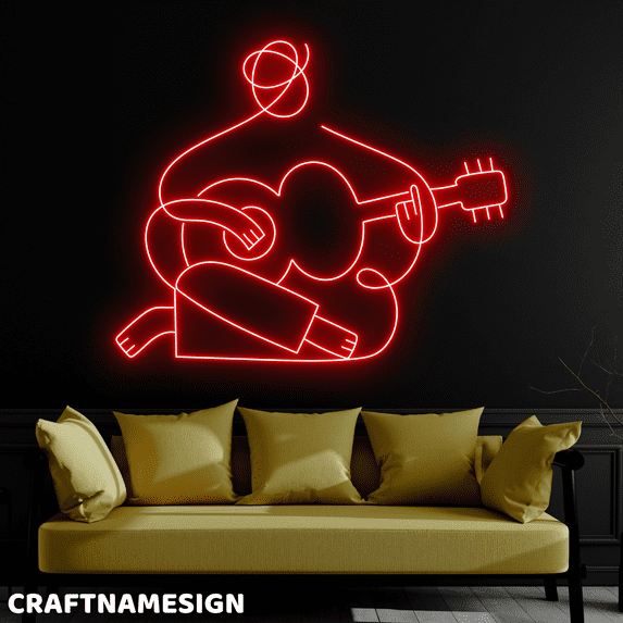 Craftnamesign Man Guitar Line Art Neon Sign, Minimalist Wall Art, Music Room Decor