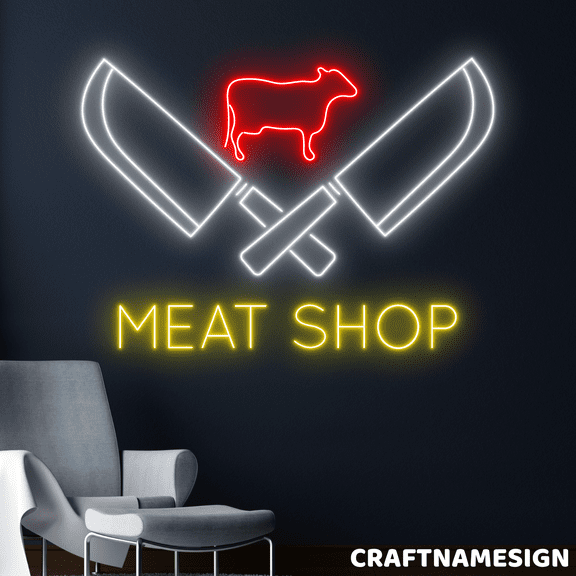 Craftnamesign Meat Shop Neon Sign, Butcher Shop Wall Art, Open Store Wall Decor