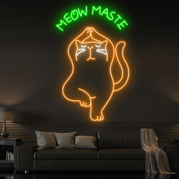 Craftnamesign Meow Maste Neon Sign, Cat Namaste Wall Art for Meditation Yoga Club Decor