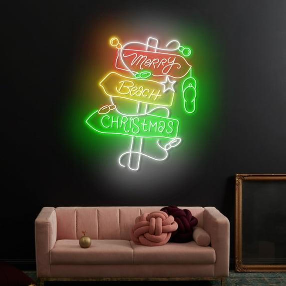 Craftnamesign Merry Beach Christmas Sign LED Light, Beach Christmas Neon Light Holiday Decor